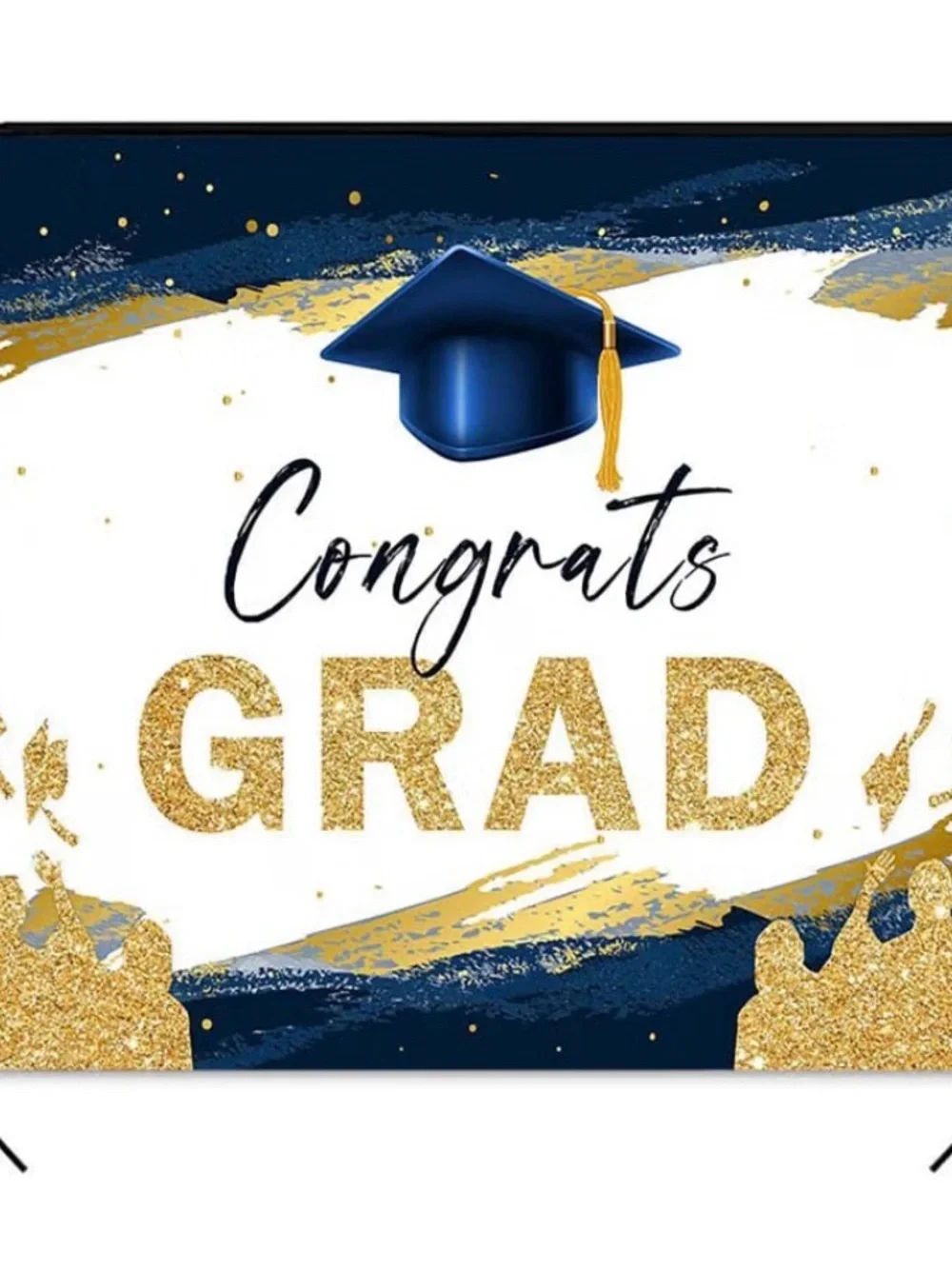 Photo Backdrop 7’x5’ Vinyl “Congrats Grad” Blue & Gold w/ glitter effects